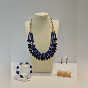 Silver Tone Blue Beaded Statement Necklace Set